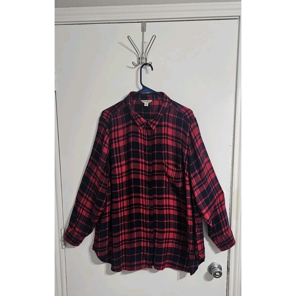 Lucky Brand Plaid Check Button Down Blouse Shirt Womens Size 3X Red Blue Flowy - Picture 1 of 9